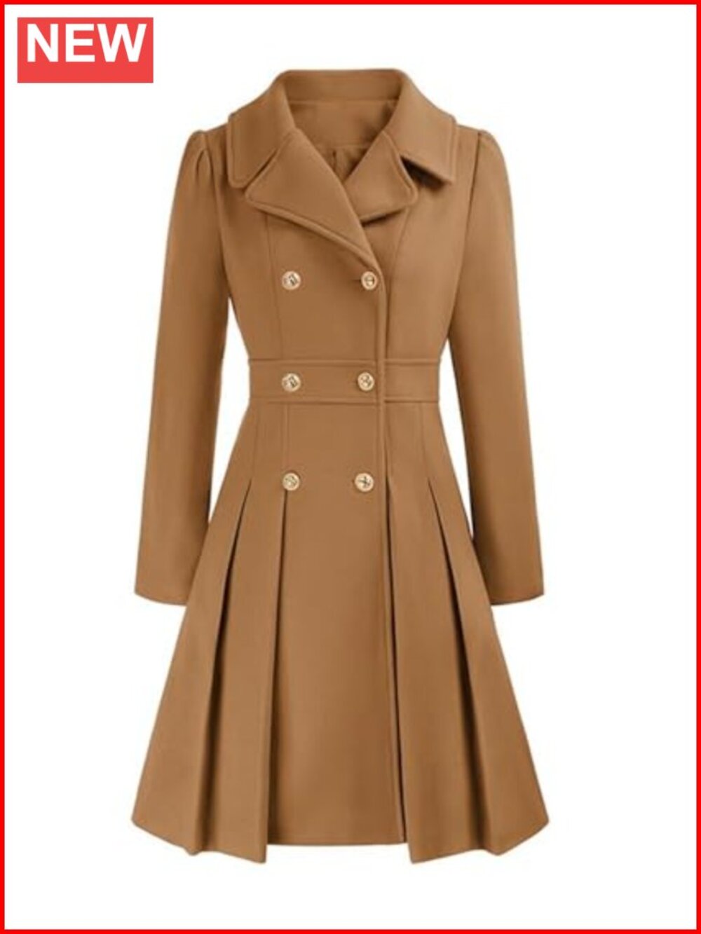Wool Blend Double Breasted Pea Coat Notch Lapel Pleated Flared Midi